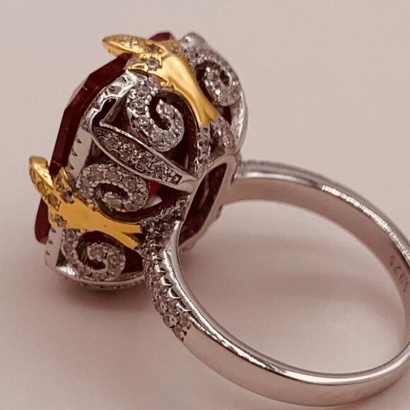 Ring, new, no tags, lab created emerald cut ruby solid 925 silver real gold - Picture 8 of 17